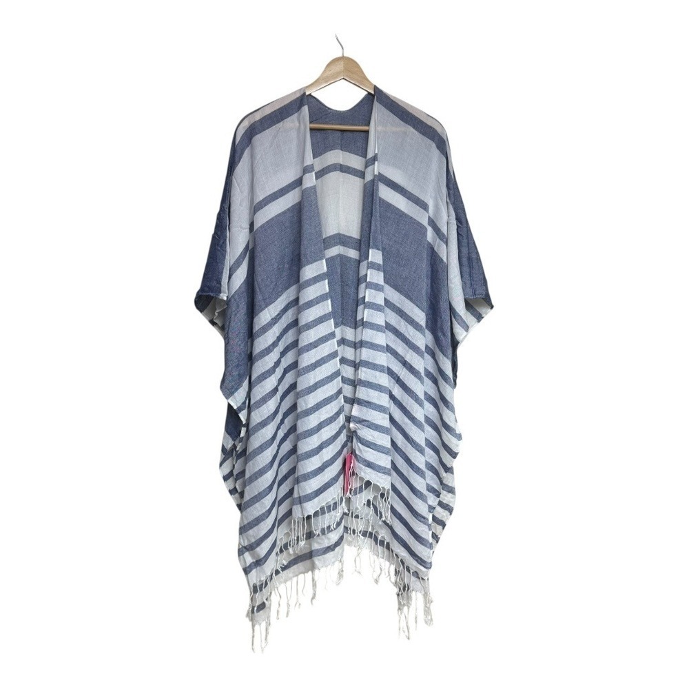 ISAAC‎ MIZRAHI NEW YORK Blue White Striped Kimono Cardigan Cover Up Fringe